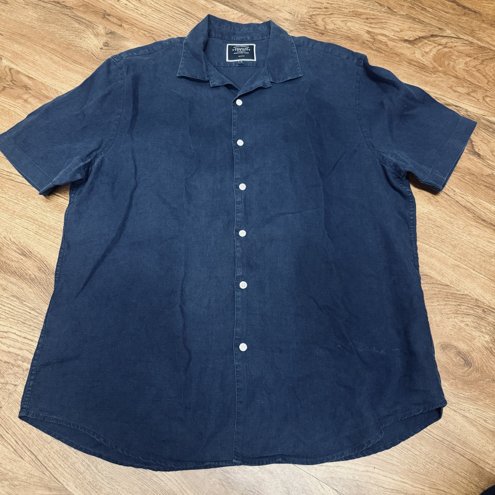 Charles Tyrwhitt 100% Linen Shirt Slim Fit Short Sleeve Button Up Blue mens XL